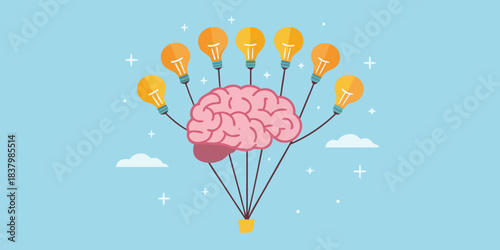 Brainstorming and creativity light bulbs rising from a human brain concept