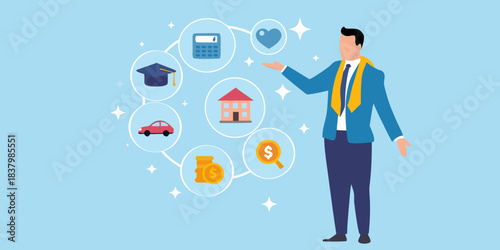 A professional man contemplating life choices education home car and financial planning