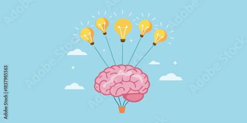 A colorful illustration of a brain lifting off with light bulb balloons