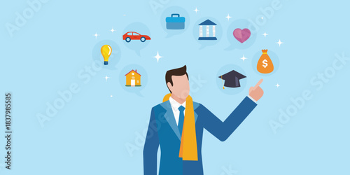 A man pointing to symbolic icons representing life goals and aspirations