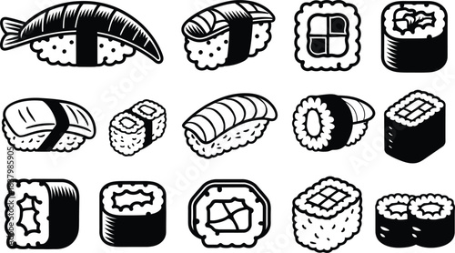 Sushi and Roll Vector Icons Set Japanese Food Illustration