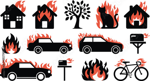 Fire Accident and Burning Objects Vector Icon Set