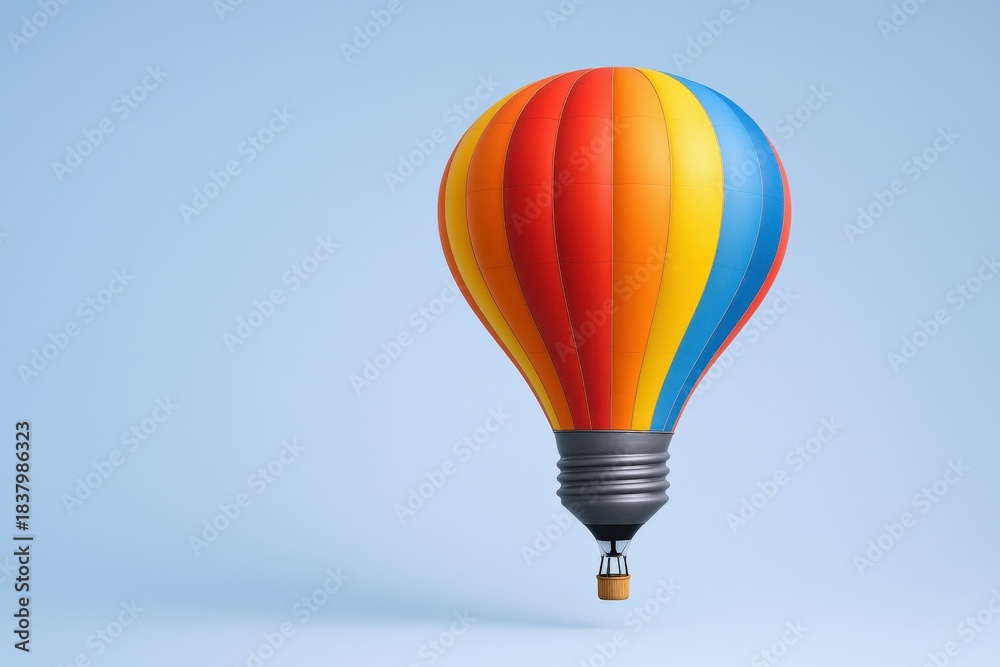 Obraz premium Innovative Hot Air Balloon Lightbulb Illustration on Blue Background, Symbolizing Creativity and Bright Ideas