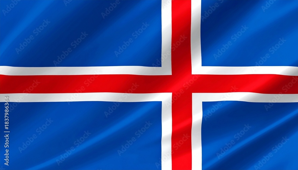 Fototapeta premium Icelandic flag with blue field, red Nordic cross outlined in white, fabric texture and gentle folds.