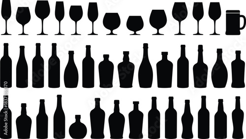 Drinkware and bottle silhouette vector, black alcohol container icons, wine beer liquor shapes, bar graphic illustration pack