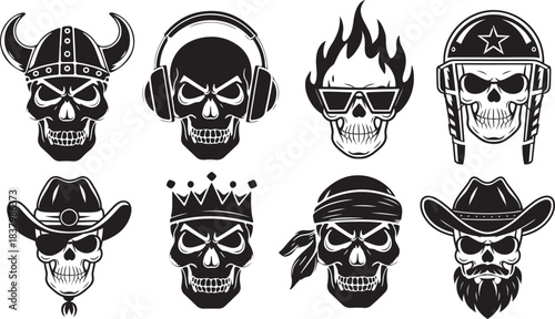 Set of  vector skull mascots including pirate, viking, cowboy and biker heads