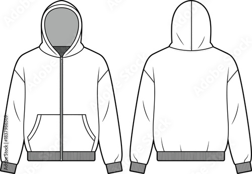 Hoodie technical flat sketch, front and back views, fashion design template, black and white line drawing