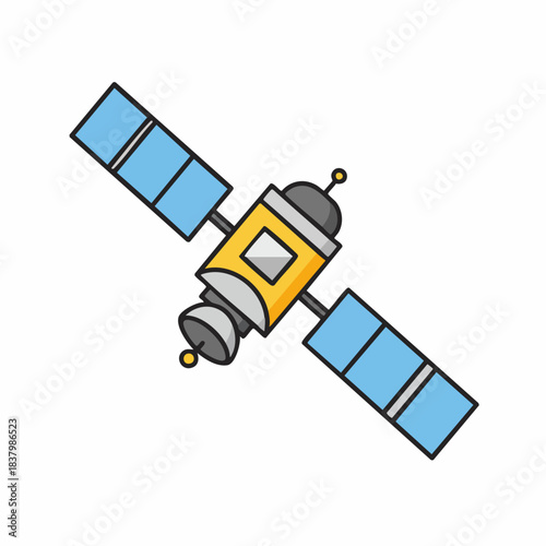 Cartoon Satellite with Solar Panels and Antenna in Space.