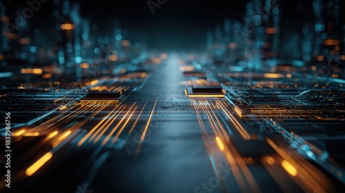 Futuristic Technology Landscape: Abstract Circuit Board Design with Glowing Components for High Tech and Digital Innovation