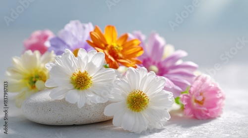 Floral Still Life with Colorful Flowers Resting on a Smooth White Stone for Spa Concepts
