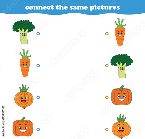 Education game for children connect the same picture of cute cartoon fruits printable. Vector Illustration