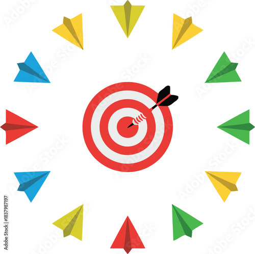 Vibrant paper planes unite in focusing on a bullseye target hit perfectly by a dart of success