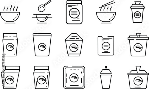 Instant noodle bowl and food packaging line icon set, vector illustration