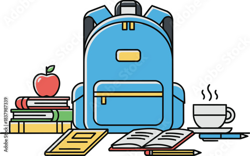 A blue backpack sits ready for school surrounded by essential books and a warm coffee break