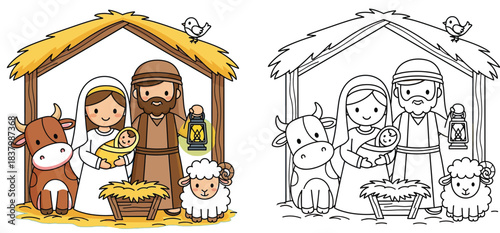 Christmas nativity scene vector illustration with coloring page outline featuring Mary Joseph holding lantern Baby Jesus cow and sheep in stable cute cartoon holy family doodle for kids