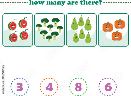 Counting game of fruits for preschool kids. Printable. Vector Illustration