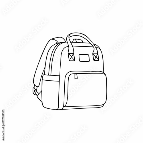 Detailed line art of a diaper backpack with multiple compartments and carrying handles