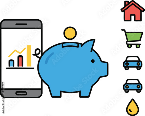 Track your personal savings and expenses easily using a mobile finance app and traditional piggy bank icon