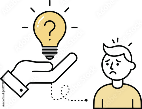 A supportive hand offers an illuminating lightbulb with a question mark to a confused troubled person