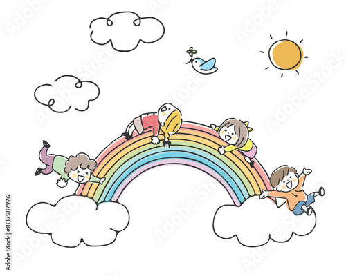 虹と子供たちのイラスト