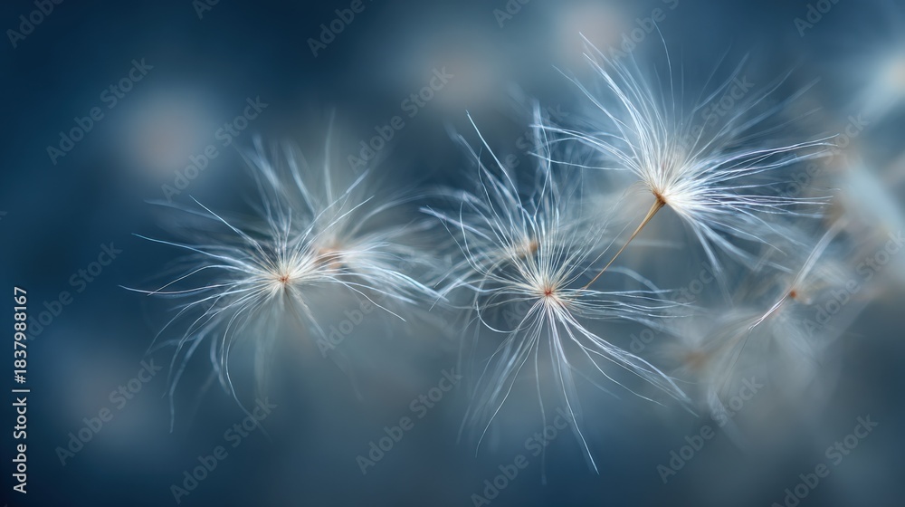 Naklejka premium Abstract Seed Fluff Floating on a Blue Background in Macro Photography Displaying Delicate Beauty
