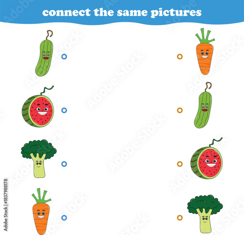 Education game for children connect the same picture of cute cartoon fruits printable. Vector Illustration