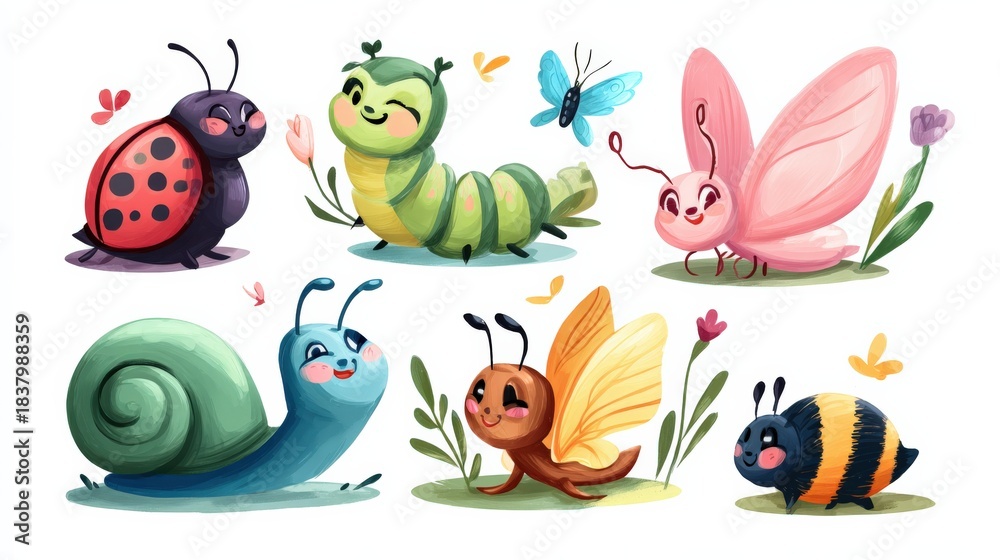 Fototapeta premium Adorable Cartoon Insects Set Featuring Ladybug, Caterpillar, Butterfly, Snail, Moth and Bumble Bee