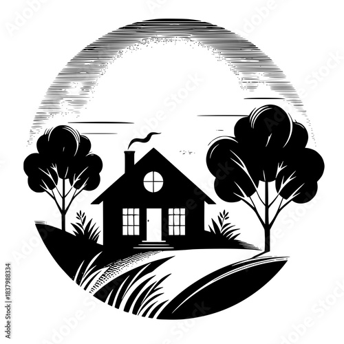 house and tree , house with flower