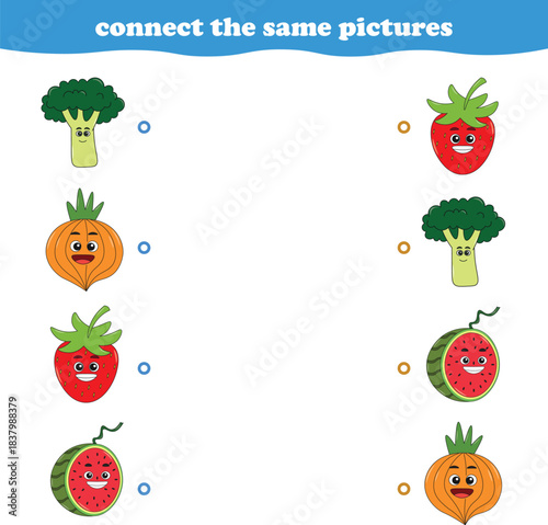 Education game for children connect the same picture of cute cartoon fruits printable. Vector Illustration