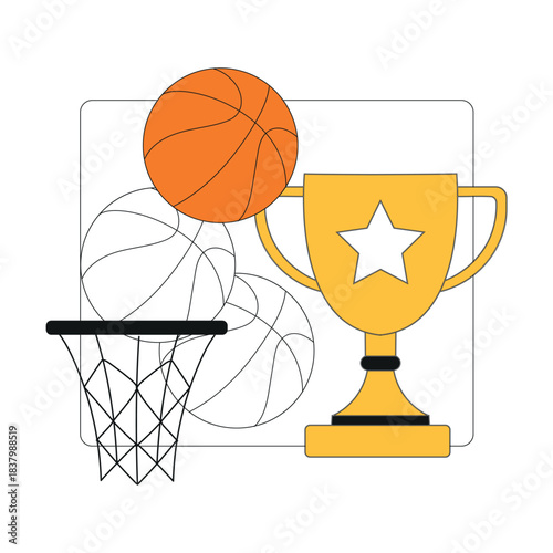Basketball Attribute with Basket, Ball and Goblet Vector Illustration