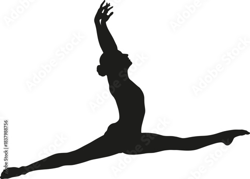 Split leap silhouette vector, dancer in mid-air, black athletic icon, gymnastics pose graphic, graceful movement illustration pack