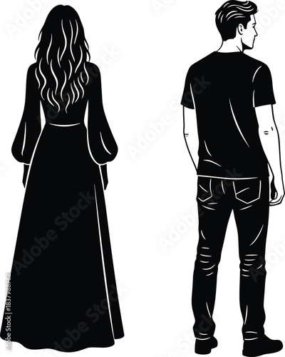 Traditional and modern attire silhouette, black vector people icon, cultural contrast illustration, fashion diversity graphic, minimalist design pack