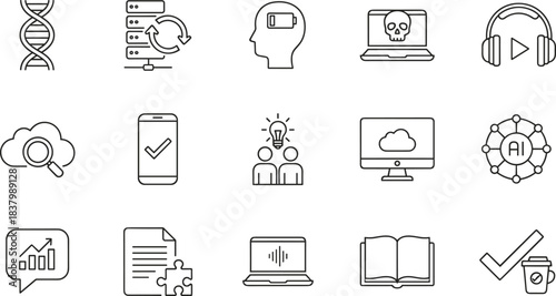 Technology and AI icon set, black and white line icons, data, cloud computing, cybersecurity, vector illustration pack