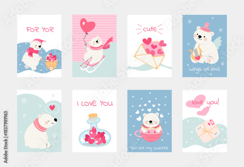 Romantic cards polar bear. Valentines day banners with funny white bears. Animal with hearts, in cup, lovely letter and parcel, nowaday vector set