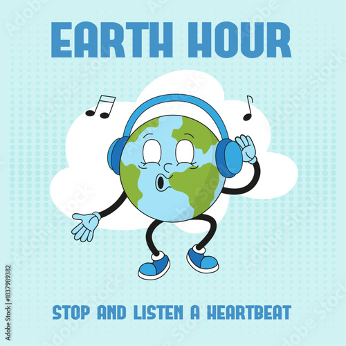 Earth hour poster. Retro style planet character listen music in headphones. Energy save banner template, eco life concept, neoteric vector concept