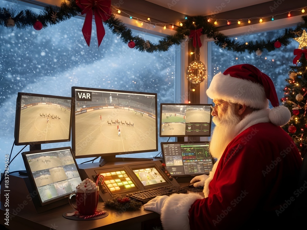 Obraz premium Santa claus monitors video screens during festive holiday season