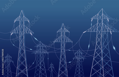 High voltage wires background. Transmission system landscape, city lines for power. Urban infrastructure with electric poles, sapid vector concept