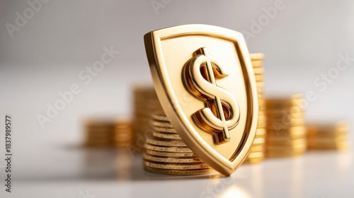 Financial Security Concept: Golden Shield with Dollar Sign Protecting Stacks of Coins, Symbolizing Wealth Preservation