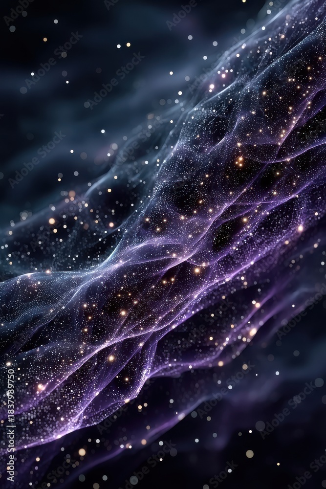 Fototapeta premium Abstract digital background with flowing purple and blue waves and glowing particles for technology visuals