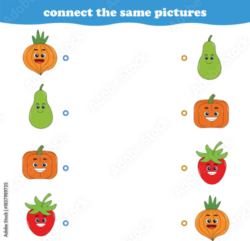 Education game for children connect the same picture of cute cartoon fruits printable. Vector Illustration