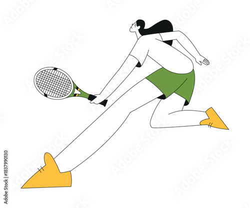Sport with Woman Character Play Tennis with Racquet Vector Illustration