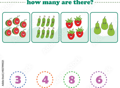 Counting game of fruits for preschool kids. Printable. Vector Illustration