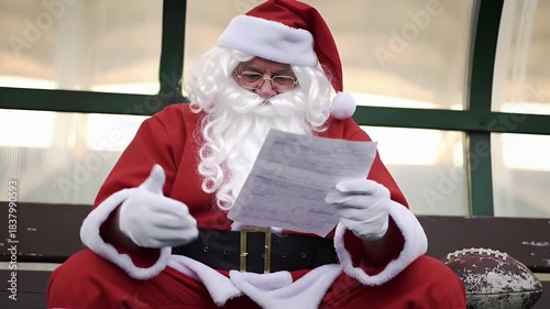 Person in santa claus costume reading a document outdoors