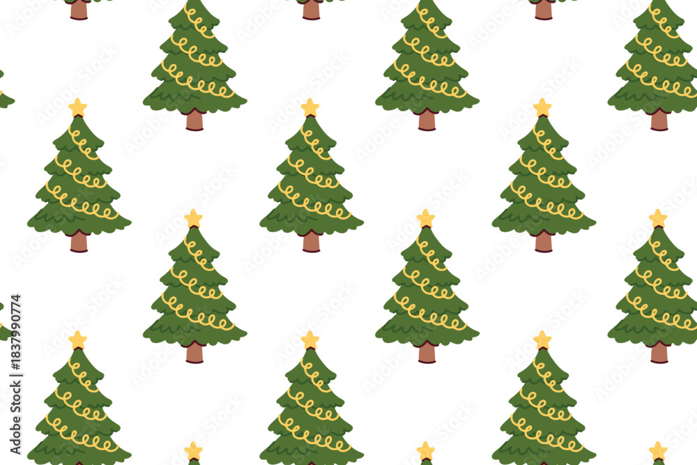 Obraz premium Repeating texture of evergreens wrapped in golden tinsel. Holiday background with spruce trees decorated with spiral streamers for New Year.