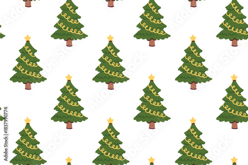 Repeating texture of evergreens wrapped in golden tinsel. Holiday background with spruce trees decorated with spiral streamers for New Year.