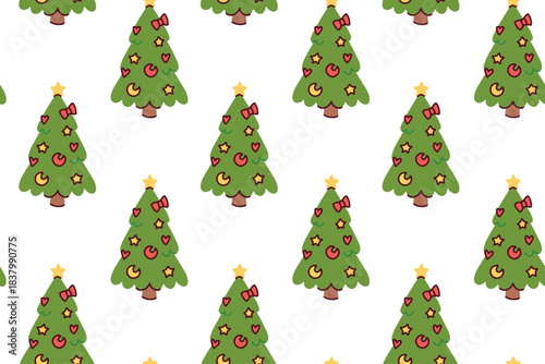 Cute holiday background with firs adorned with celestial symbols. Endless texture of spruce trees with hearts, stars and moons on white.