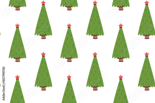 Clean holiday background featuring plain green firs topped with stars. Simple New Year texture with evergreen spruce trees for modern design.