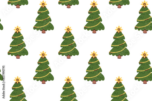 Festive texture of green firs decorated with glowing bulbs. Holiday background with spruce trees and electric lights for winter celebration.