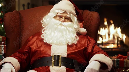 santa in festive attire seated in front of a warm fireplace