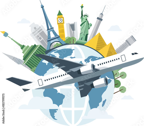 World Travel Globe With Landmarks Vector